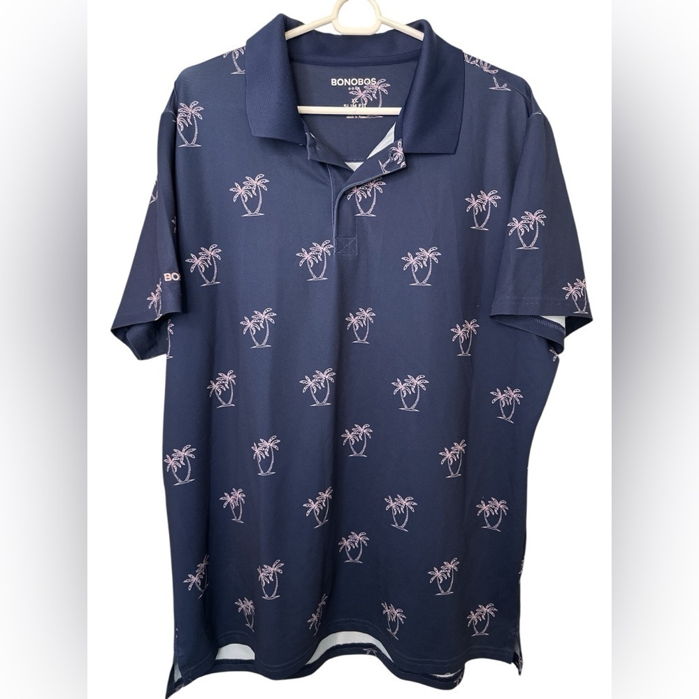 Bonobos Polo Shirt XLarge Blue Palm Trees All Over Print Golf Performance NWOT